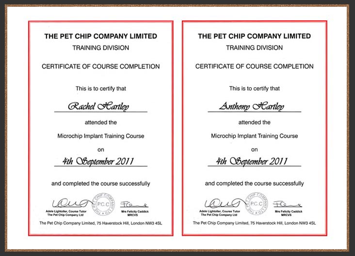 Certificates of Microchipping course completeion